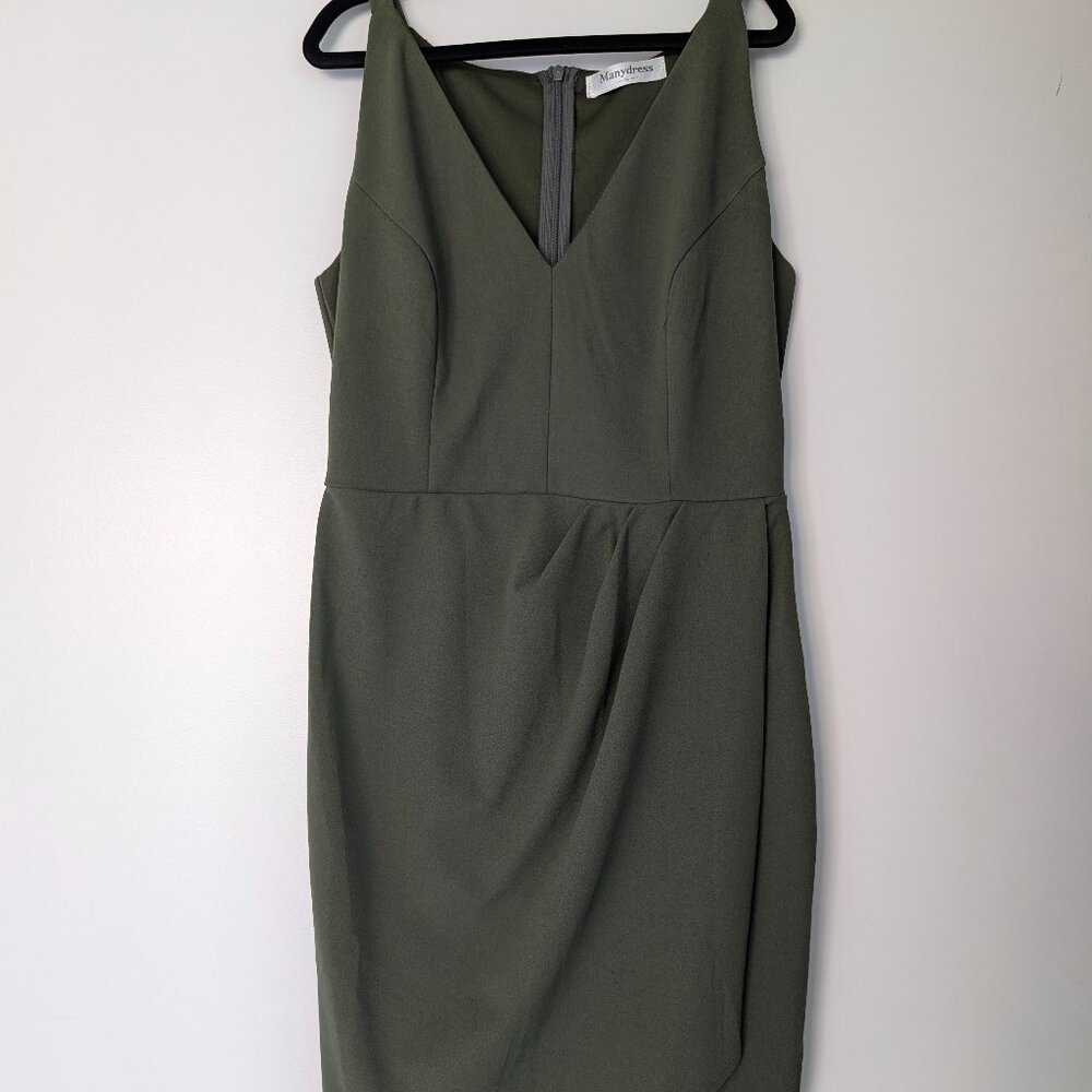 Manydress Olive Green V-Neck Sheath | Tulip Hem Work + Wedding (S)